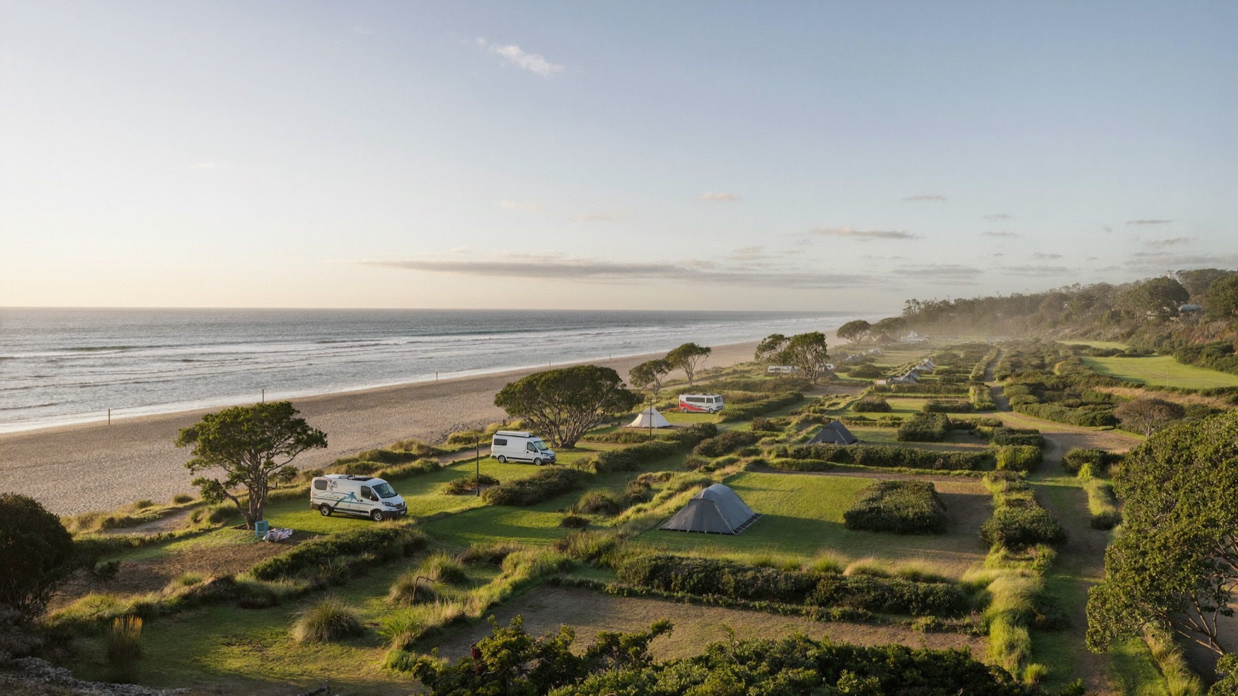 Sunrise Bay Holiday Park above the beach at sunrise